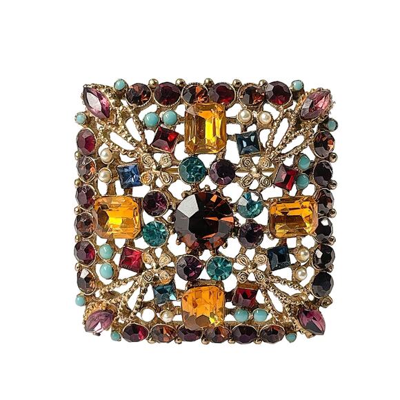 60s Gold Plate Multi-Colored Rhinestones Pearl Turquoise Beads Square Pin Brooch - Picture 1 of 3